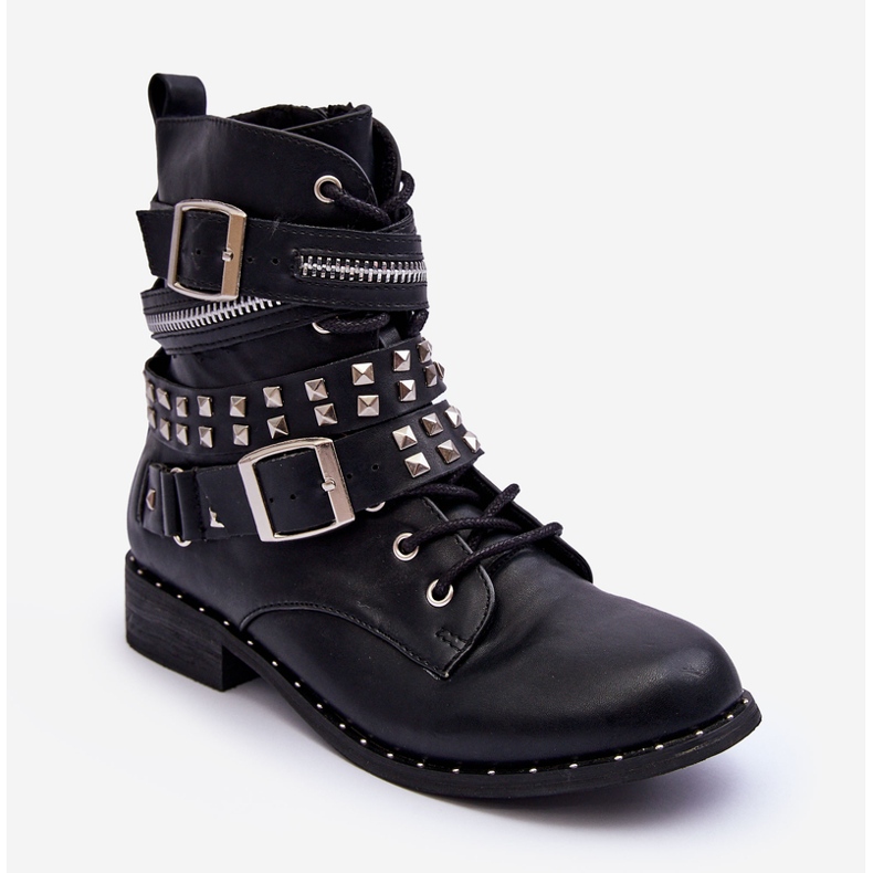 LU BOO Bottines pour enfants avec clous, fermeture éclair et boucles, noires 1