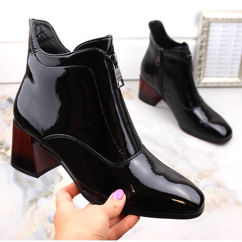 Bottines à talons hauts en cuir verni pour femme avec fermeture éclair, noir Vinceza 58120 1