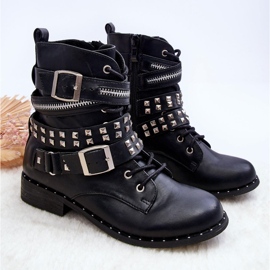 LU BOO Bottines pour enfants avec clous, fermeture éclair et boucles, noires le noir 4