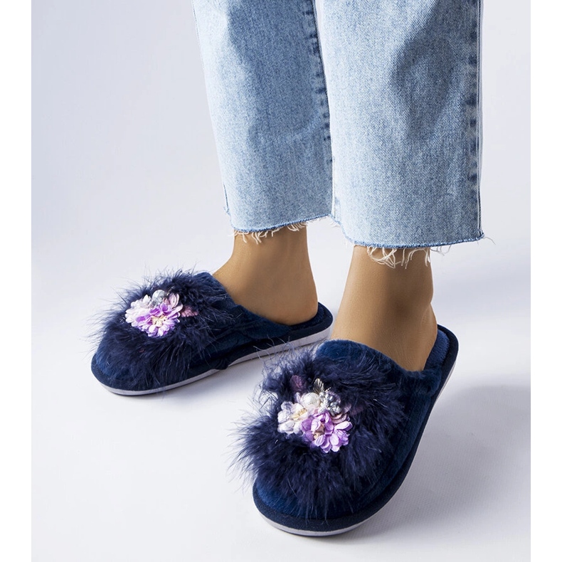 Chaussons chauds bleu marine à fleurs Moly 1