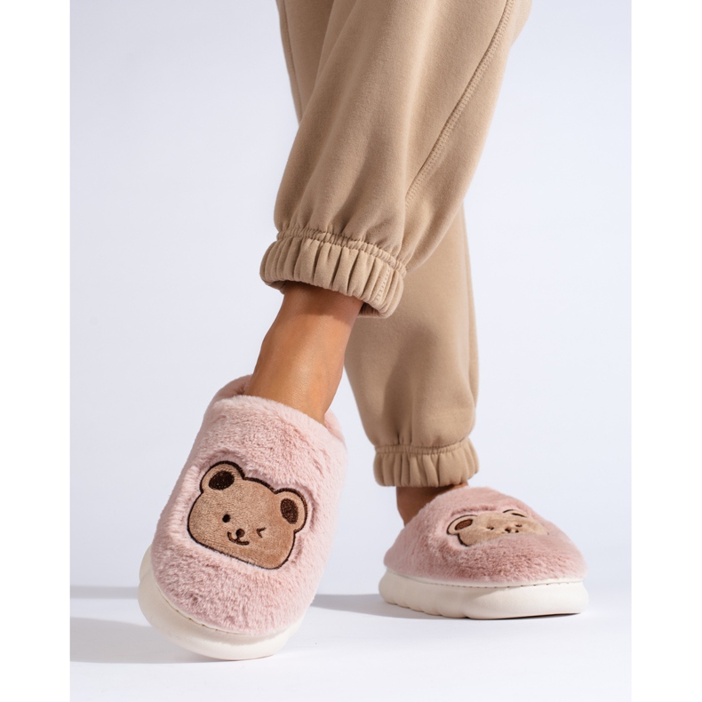 Chaussons en fourrure avec ours en peluche, rose poudré, Shelovet 1