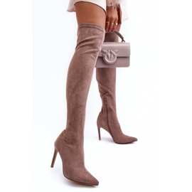 Cuissardes à talon haut en daim Calfi beige 2