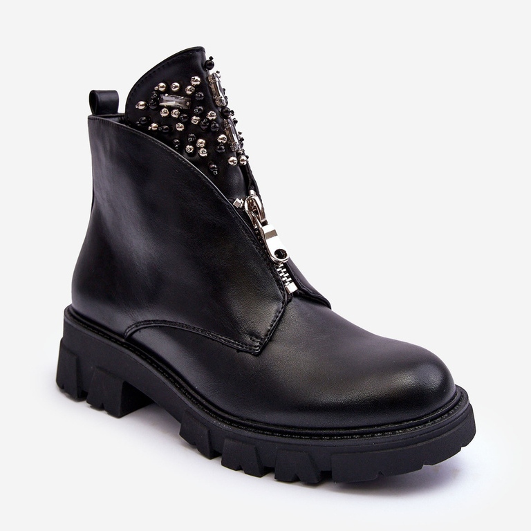 Bottines Basses En Cuir Décoré Avec Fermeture Éclair Noir Escika 2