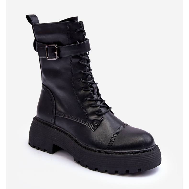 Bottes de Travail en Cuir à Talon Plat avec Boucle, Noir Samivlo le noir 1