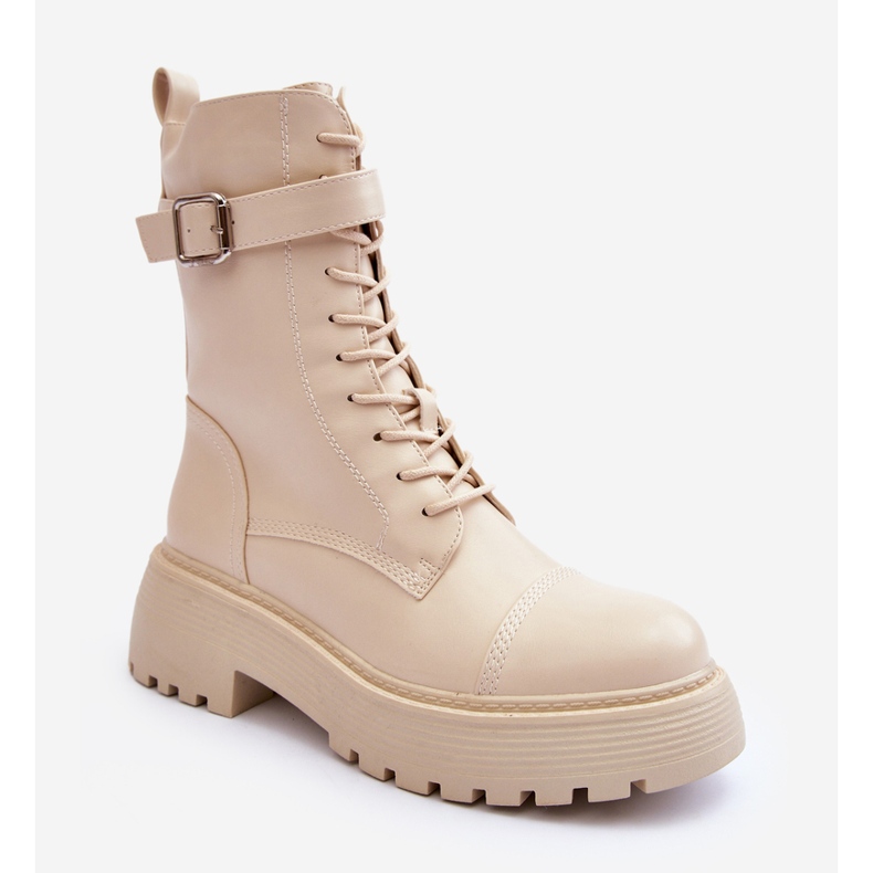 Bottes de Travail en Cuir à Talon Plat avec Boucle Beige Clair Samivlo 1