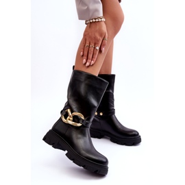 Bottes d'éco-cuir à talons plats pour femmes avec une décoration noire 1