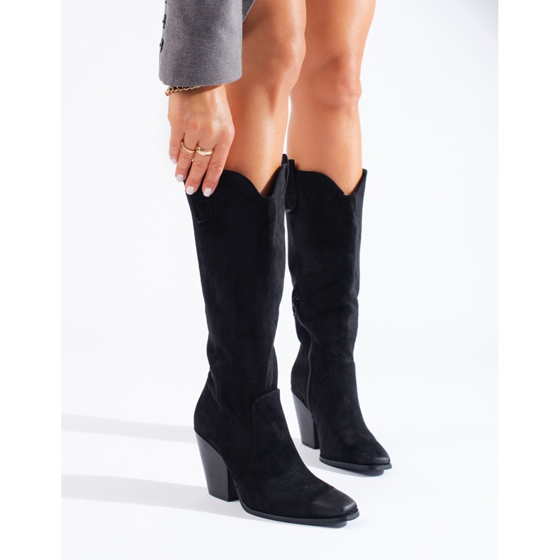 Santiags femme Shelovet en daim noir à talons hauts 2