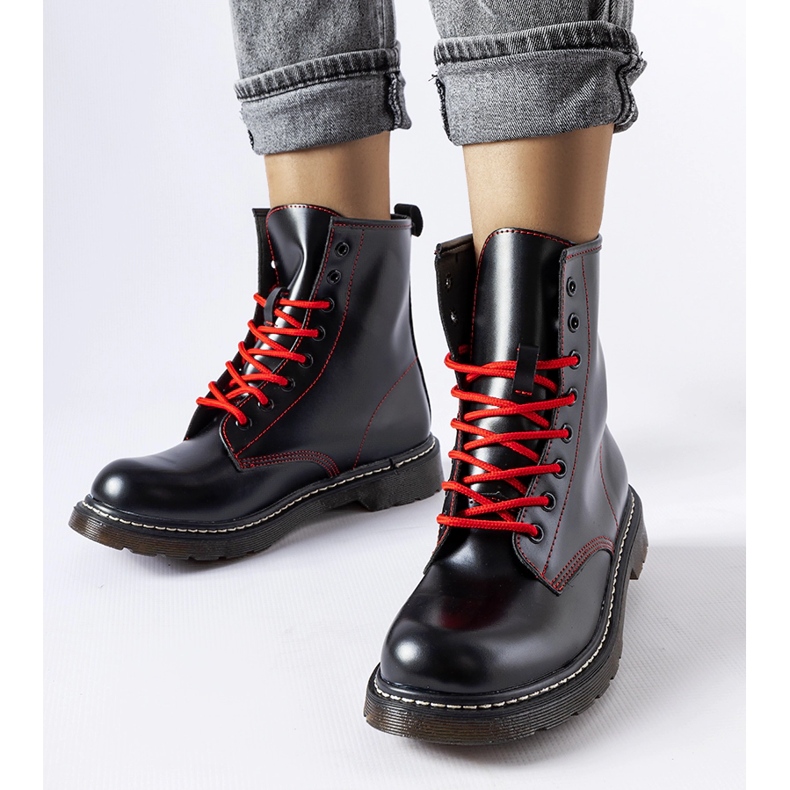 Inna Bottines noires ornées de fil Rocco rouge 1