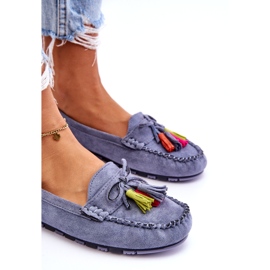 Mocassins en daim bleu avec nœud et frange 3