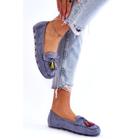 Mocassins en daim bleu avec nœud et frange 1