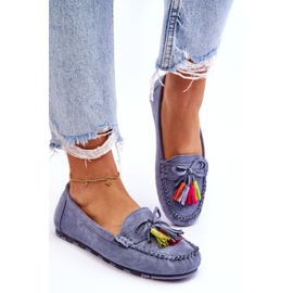 Mocassins en daim bleu avec nœud et frange 2