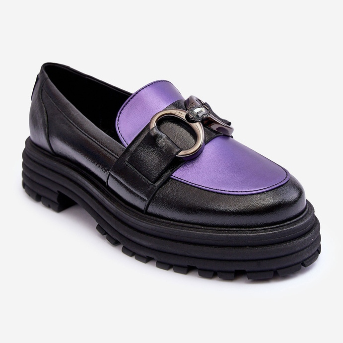 Laura Messi Mocassins Femme En Cuir à Talons Plats Noir et Violet Elkiza 2