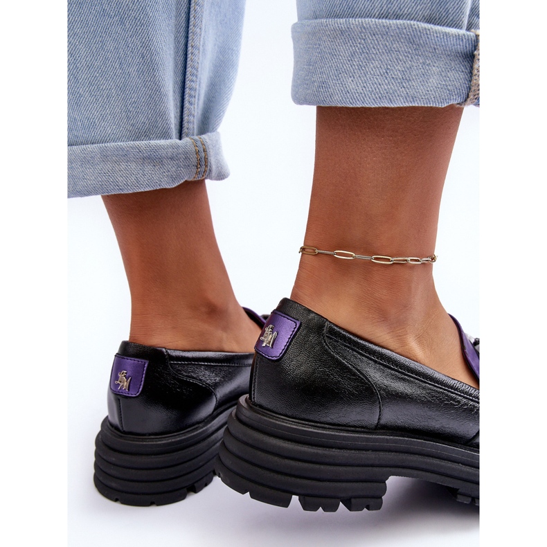 Laura Messi Mocassins Femme En Cuir à Talons Plats Noir et Violet Elkiza 1