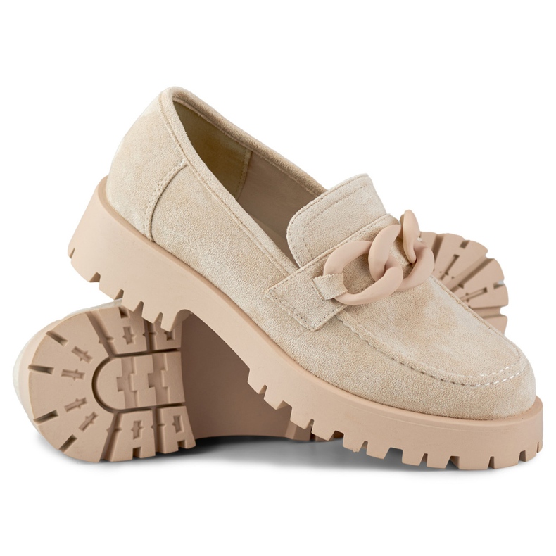 Mocassins femme en daim beige avec chaîne 1