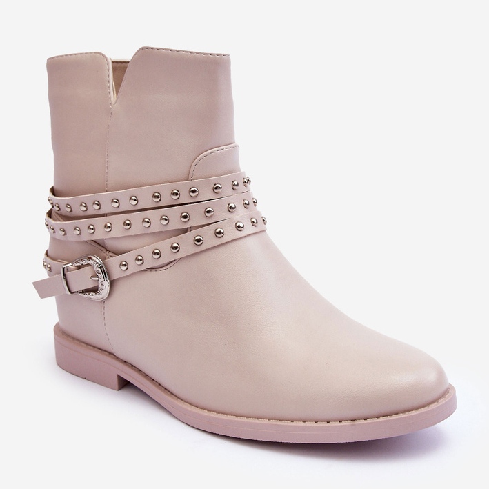 Bottes plates pour femmes en cuir décoré beige par Adkrana 2