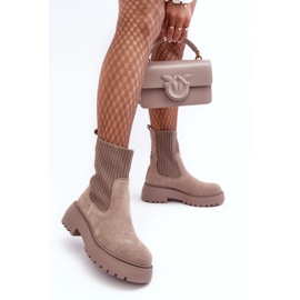 PS1 Bottines En Daim Avec Chaussette Sur Plateforme Et Talon Plat, Beige Foncé Rewam 4