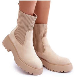 PS1 Bottines En Daim Avec Chaussette Sur Plateforme Et Talon Plat, Beige Rewam 8