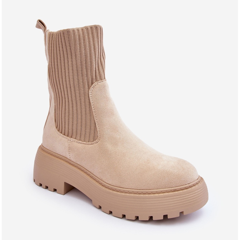 PS1 Bottines En Daim Avec Chaussette Sur Plateforme Et Talon Plat, Beige Rewam 1