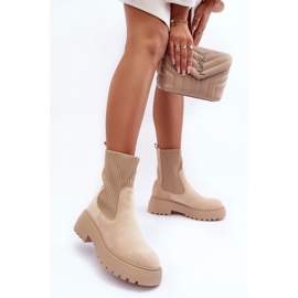 PS1 Bottines En Daim Avec Chaussette Sur Plateforme Et Talon Plat, Beige Rewam 5