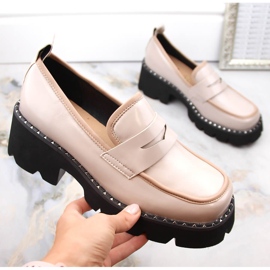 S.Barski Mocassins en cuir verni à talon haut et plateforme, beige 1