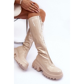 PS1 Bottines en cuir verni sur plateforme massive avec fermeture éclair, Beige Ringo 1