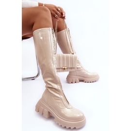 PS1 Bottines en cuir verni sur plateforme massive avec fermeture éclair, Beige Ringo 2