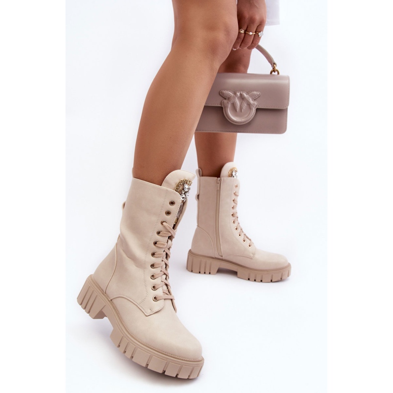 PS1 Bottines de travail en cuir beiges Marx avec décoration de bijoux 1 PS1 Bottines de travail en cuir beiges Marx avec décoration de bijoux 1