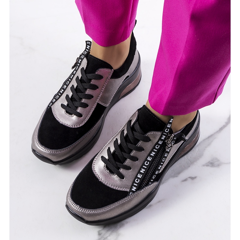 Baskets Belita en cuir noir gris 1