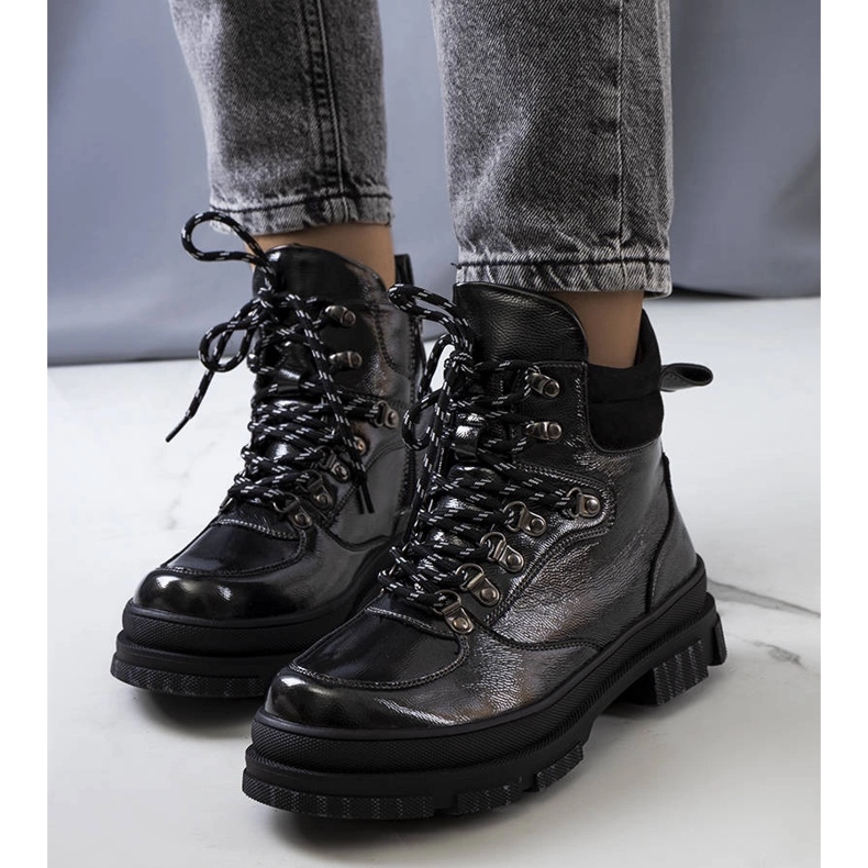 Bottes Prepo en cuir verni gris noir 1