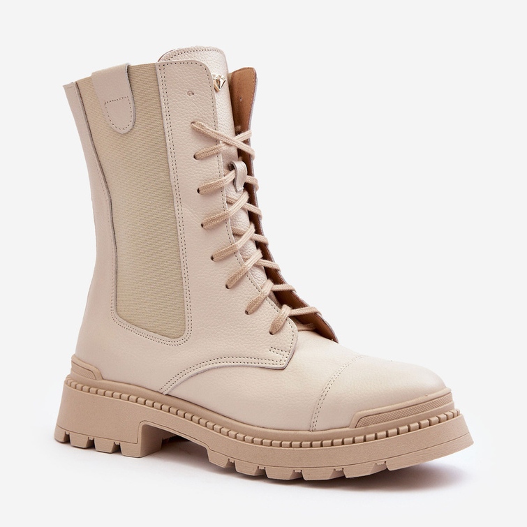 Bottes de travail en cuir à lacets pour femmes Beige clair Nicole 2836 1