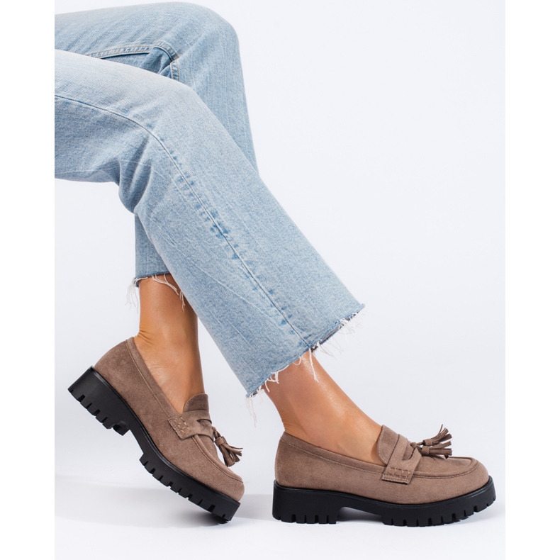 Mocassins Shelovet en daim beige foncé à franges 1