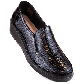 Chaussures compensées confortables en crocodile verni pour femme, noires, T.Sokolski J23-321 le noir 1 Chaussures compensées confortables en crocodile verni pour femme, noires, T.Sokolski J23-321 le noir 1