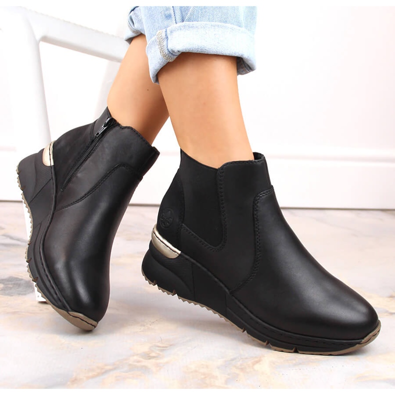 Bottines en cuir, baskets compensées noires pour femme, Rieker le noir 1