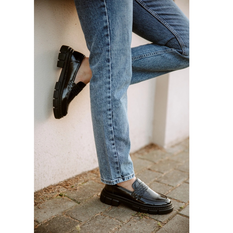 WASAK Chaussures à enfiler en cuir pour femmes 0706, noires, à semelle épaisse 1