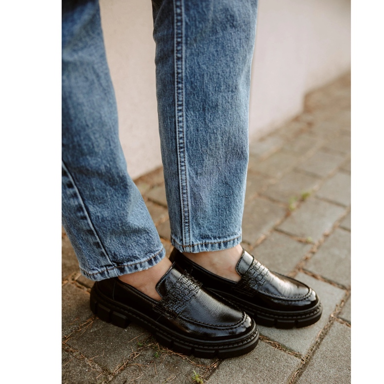 WASAK Chaussures à enfiler en cuir pour femmes 0706, noires, à semelle épaisse 2