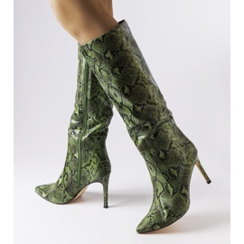 Bottes à talons hauts en peau de serpent vert carmin 1