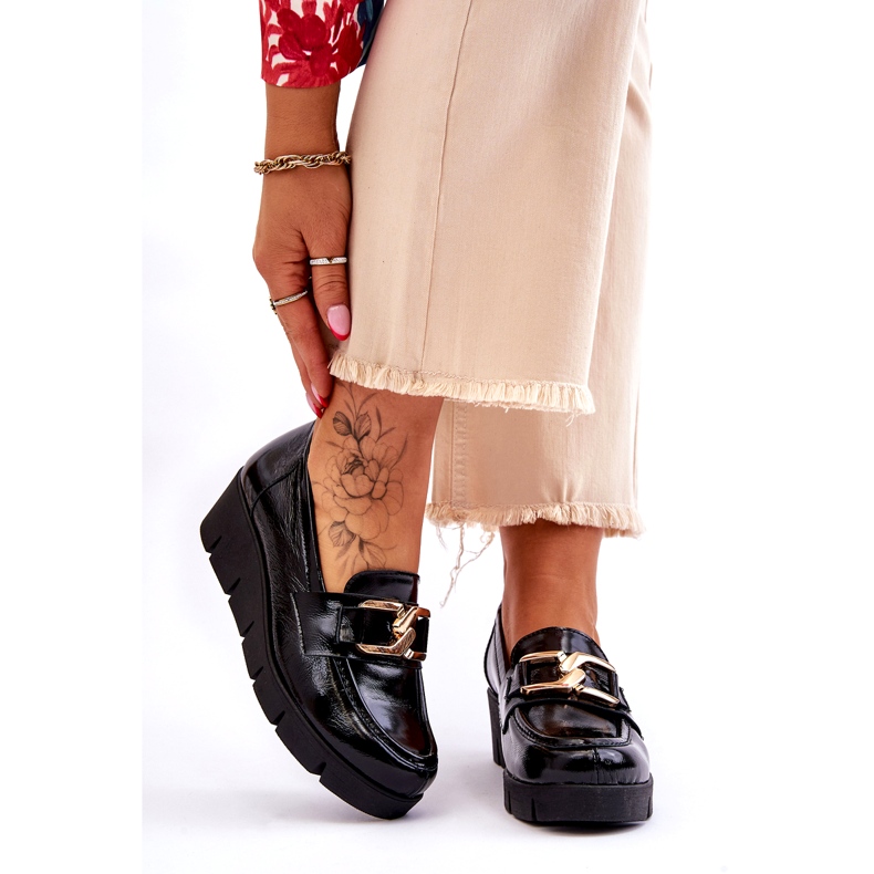 Lemar Mocassins en cuir verni avec décoration sur la cale, noir 1