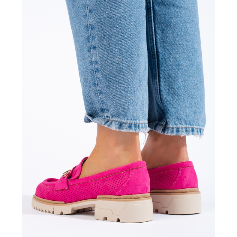 Mocassins ajourés en daim Shelovet, fuchsia rose 1
