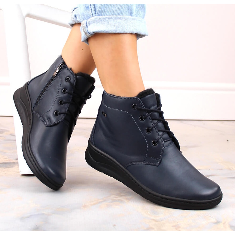 Bottines isolées en cuir, à lacets et zippées, femme, bleu marine Helios 584 1