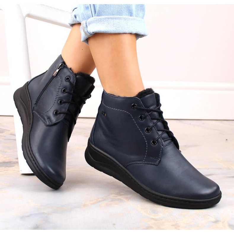 Bottines isolées en cuir Helios W H584C avec lacets et fermeture éclair, bleu marine 1