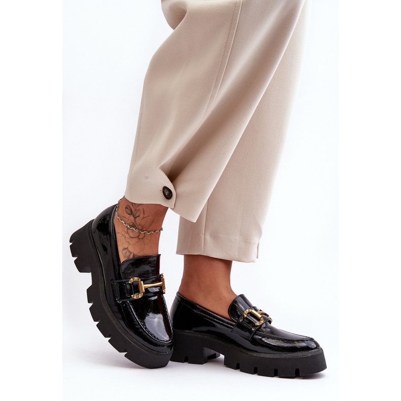 WS1 Mocassins Femme En Cuir Verni Avec Décoration, Noir Peuria 2