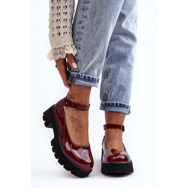 WS1 Chaussures en cuir verni pour femmes à talon bas avec boucle, bordeaux Owena rouge 2