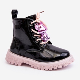 Miss Bottes isolées vernies pour enfants avec décoration, noir et rose Bunnyjoy 1
