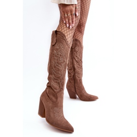 WS1 Bottes cowboy à talons hauts pour femme, beige foncé Tomani 1