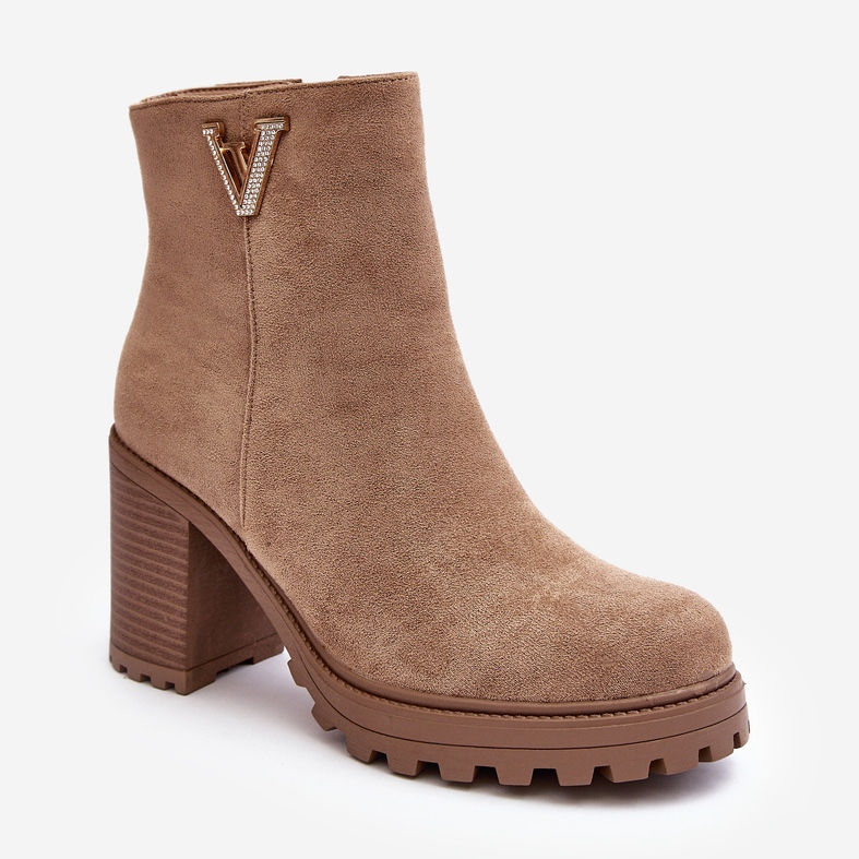 WJ2 Bottines à talons hauts en daim pour femmes avec décoration, beige fort 1