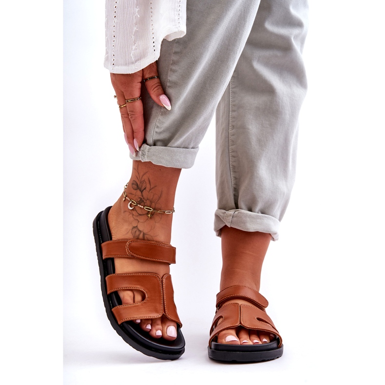 Joia Tongs classiques en cuir pour femmes avec Velcro, marron brun 2