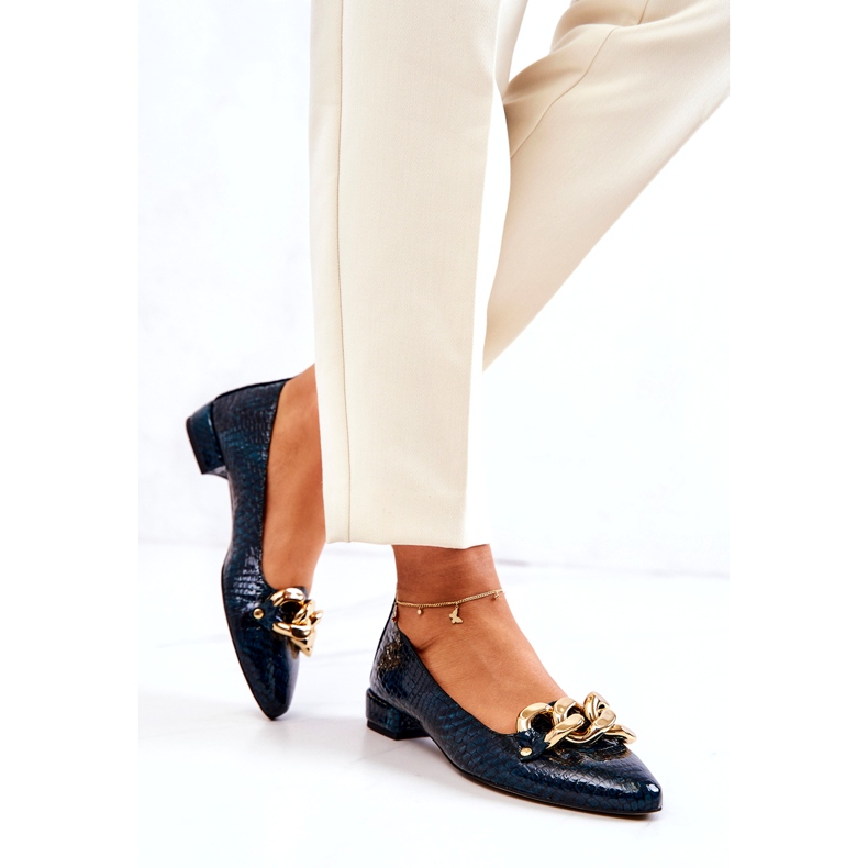 Alberto Violli Ballerines en cuir verni serpent avec chaîne, vert 3