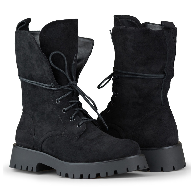 Boots workwear femme à lacets en daim noir beige 1