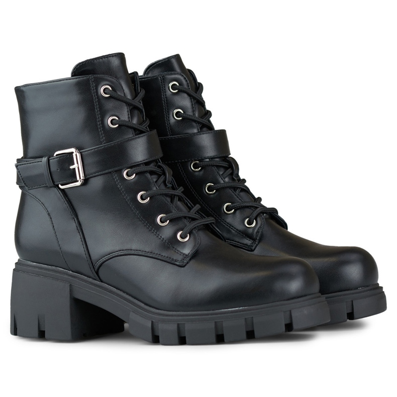 Bottines à lacets noires en éco-cuir à talon bas 1