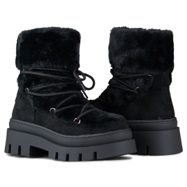 Boots de neige femme noires en fourrure avec laçage décoratif 1